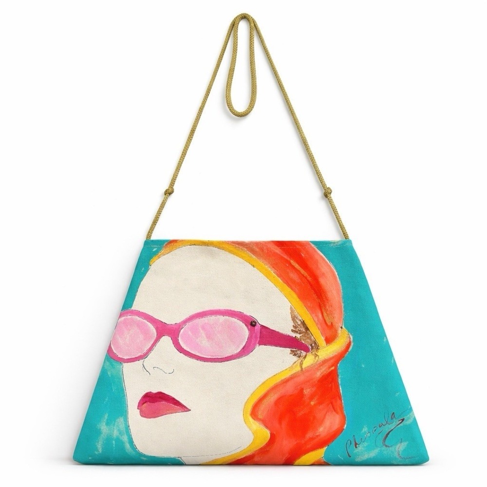 Hand Painted Art Canvas Crossbody Bag Boho Face Signed Denim Reverse Mixed Media